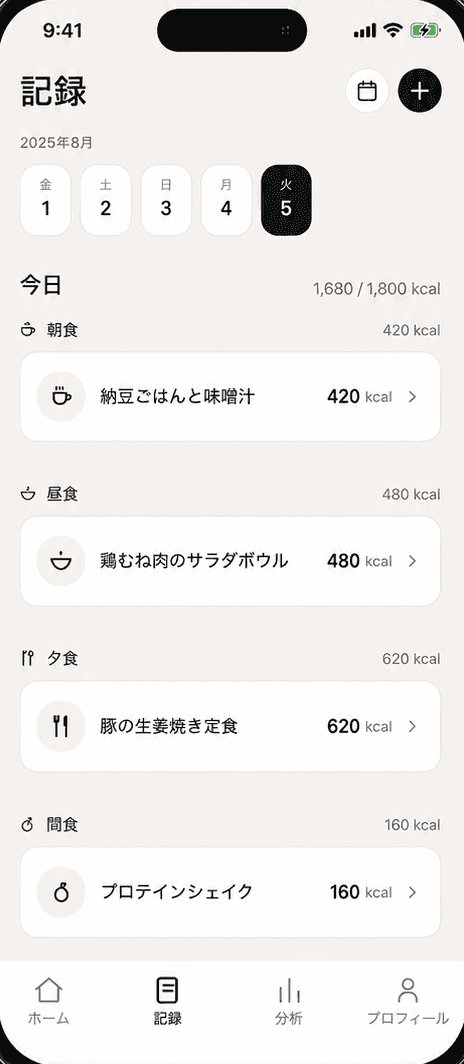 CaRoot の記録画面 — 朝食・昼食・夕食・間食のログ