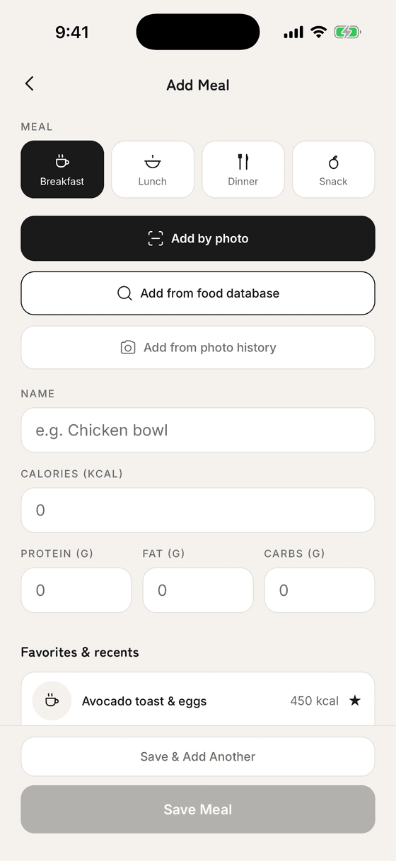 Add a meal by photo, search, or manual entry