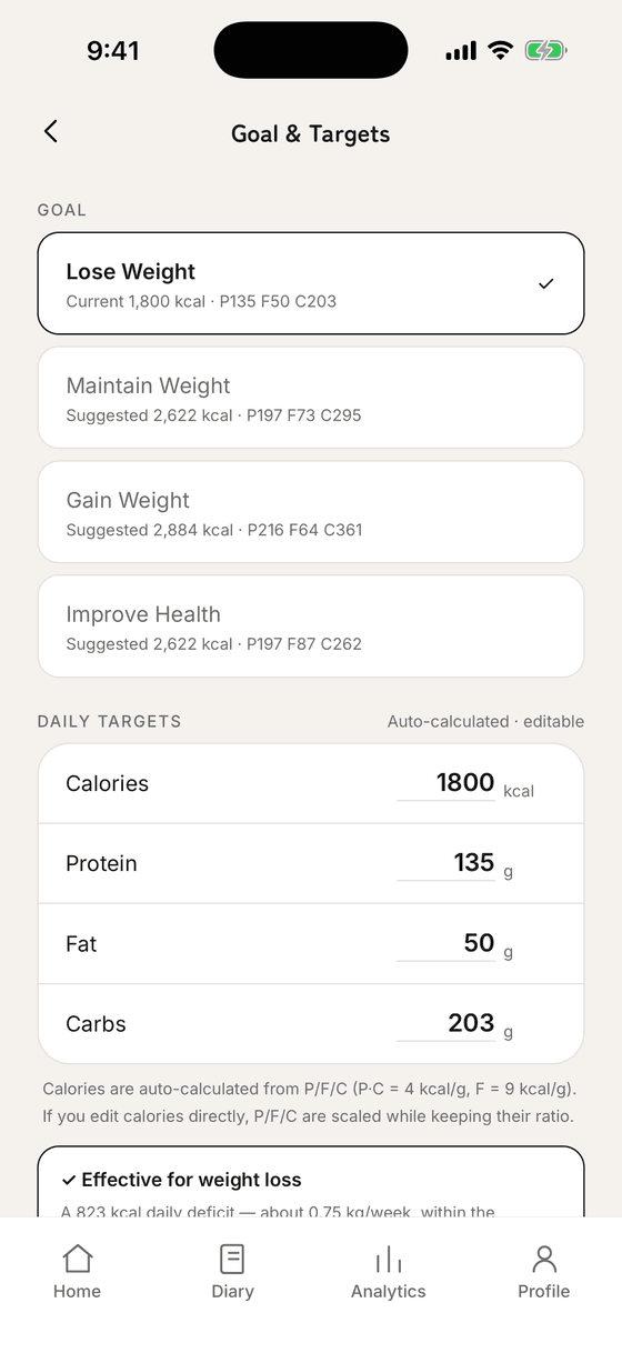 Calorie and macro goal settings