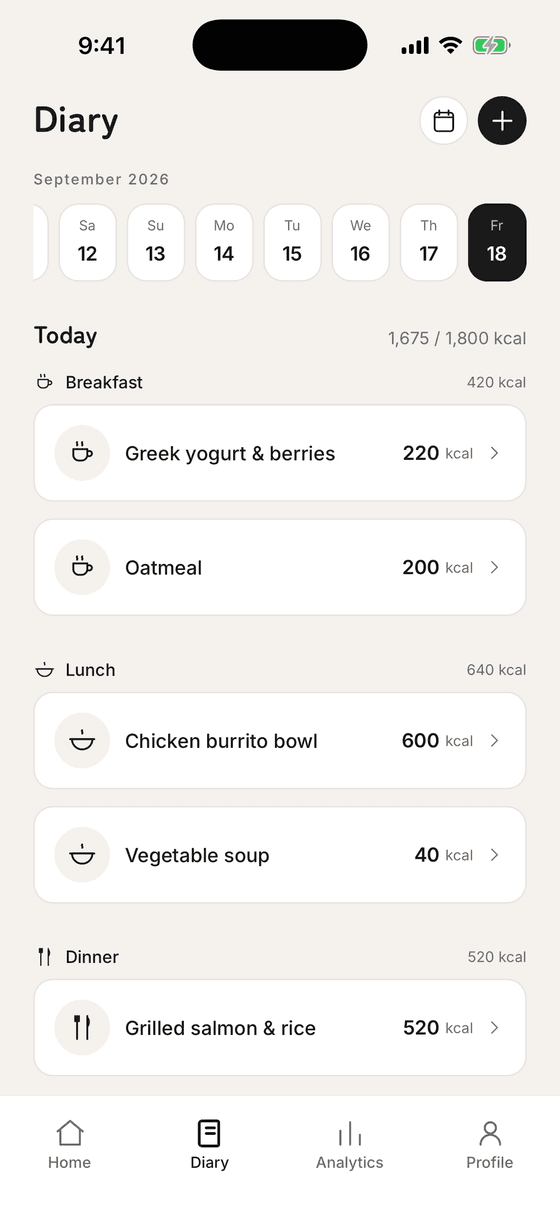 CaRoot daily meal log